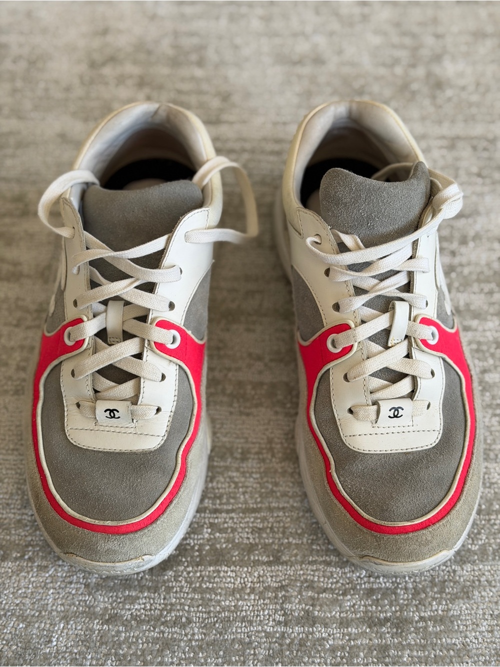 CHANEL Women’s CC Logo Suede & Leather Sneakers Gray White Pink Size 38 US 8